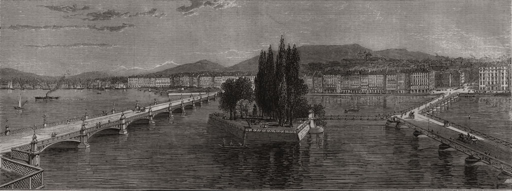 View of Geneva, with Mont Blanc in the distance. Switzerland 1872 old print
